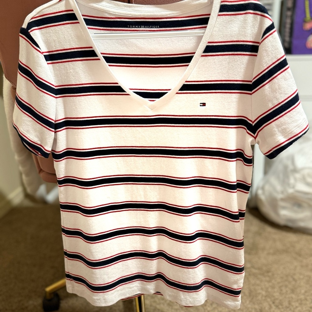 Tommy Hilfiger White V-Neck Tee with Navy & Red Stripes